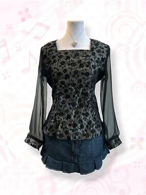 Michel USA Vintage Black Flocked Floral Sheer Sleeve Blouse L